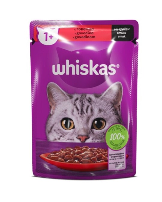 Image of Whiskas 1+ Парчиња со Говедско во сос [Кесичка 85гр]