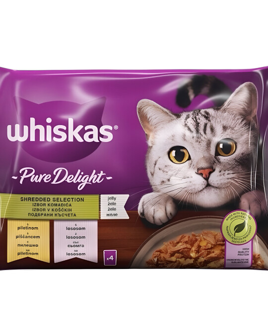 Image of Whiskas Pure Delight Парчиња со Пилешко и Лосос во желе [Кесичка 4×85гр]