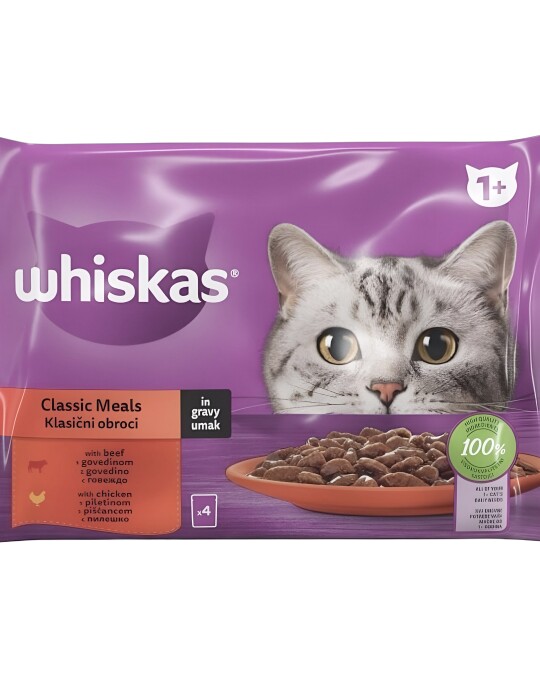 Image of Whiskas Classic Meal Парчиња со Пилешко и Говедско во желе [Кесичка 4×85гр]