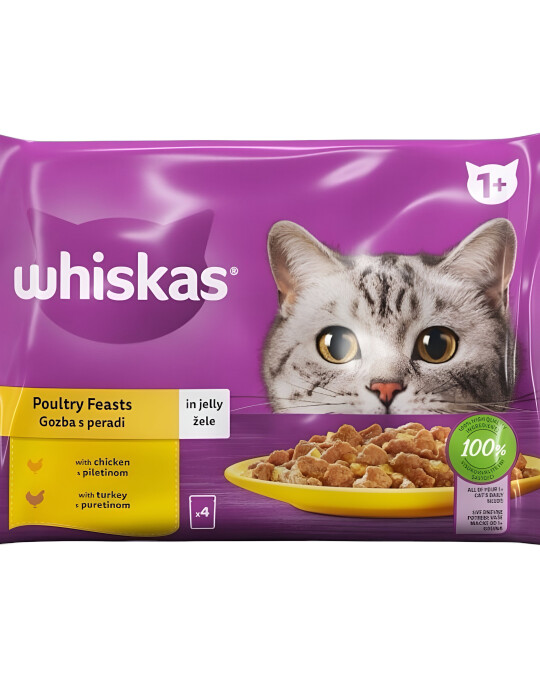 Image of Whiskas Poultry feasts Парчиња со Пилешко и Мисирка во желе [Кесичка 4×85гр]