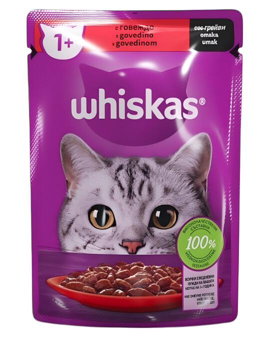 Image of Whiskas 1+ Парчиња со Говедско во сос [Кесичка 85гр]