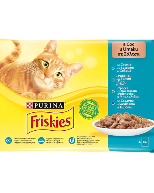 Image of Friskies Adult Парчиња со Лосос, Туна, Бакалар, Сардина во сос [Кесичка 4×85гр]