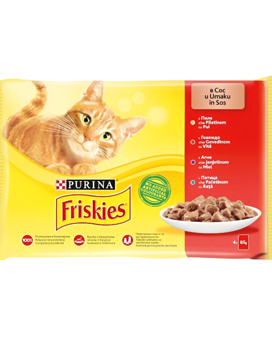 Image of Friskies Adult Парчиња со Говедско, Пилешко, Јагнешко, Патка во сос [Кесичка 4×85гр]