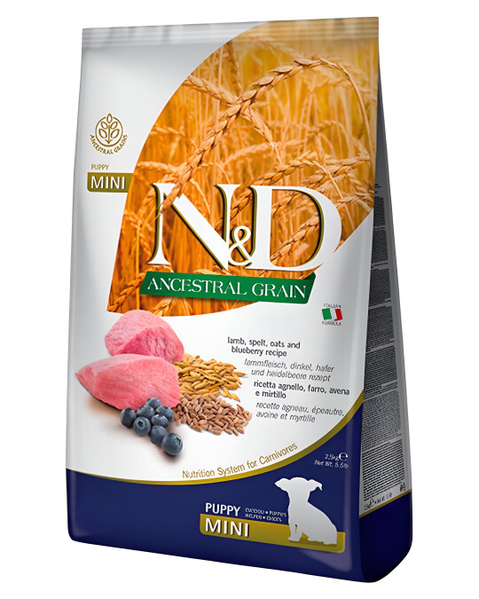 Image of N&D Ancestral Grain Puppy Mini Гранули со Јагнешко, Спелта, Овес и Боровинки [Вреќа 7кг]