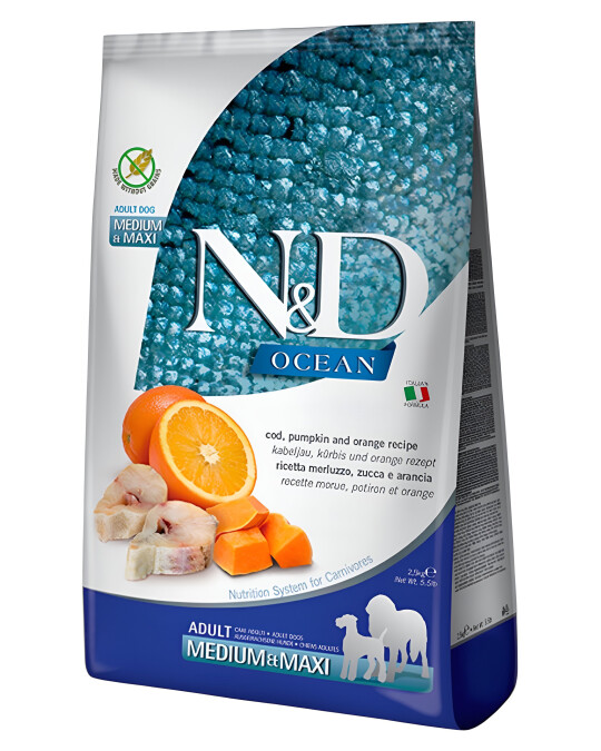 Image of N&D Ocean Dog Adult Medium & Maxi Гранули со Бакалар,Тиква и Портокал [Вреќа 12кг]