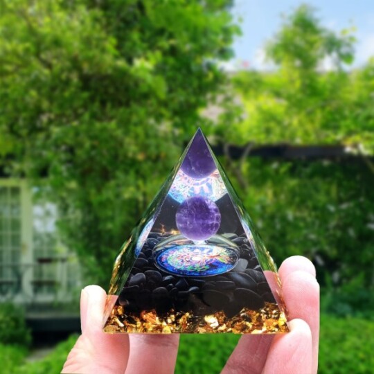 Image of Handmade Tree of Life Meditation Orgone Pyramid Peridot with Amethyst Orgonite-Positive Energy Generator Healing Reiki EMF and 5G Protection