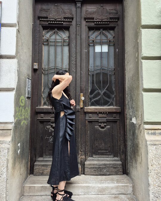 Image of Black linen dress with ruffles details