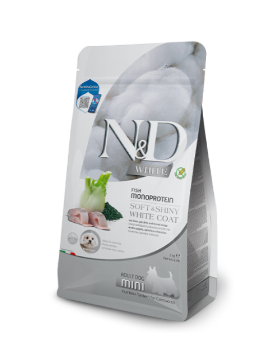 Image of Храна за кучиња Farmina N&D White Dog sea bass spirulina fennel Adult Mini (бранцин, спирулина и анасон) GRAIN FREE