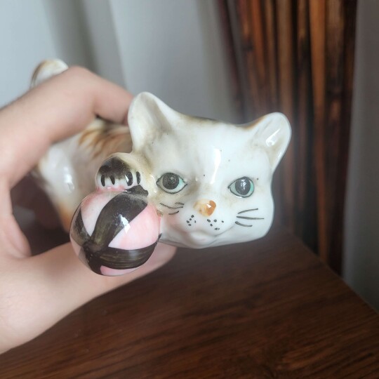 Image of Vintage cat with ball porcelain figure