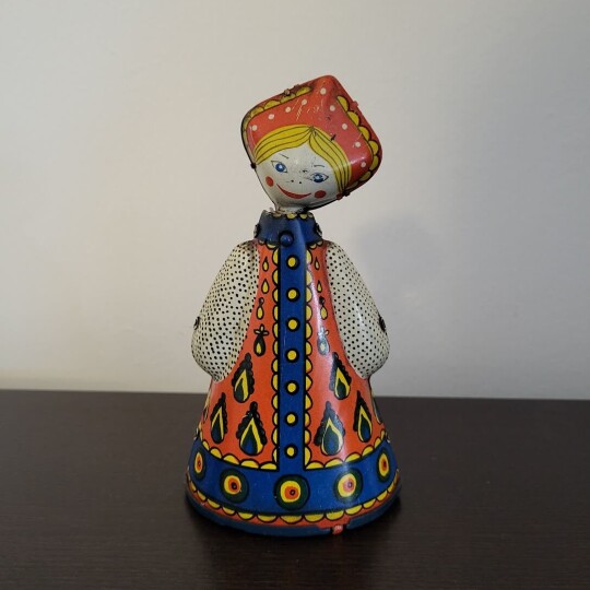 Image of USSR Russian Tin Litho Wind Up Folk Costume Dancer Girl Doll Toy