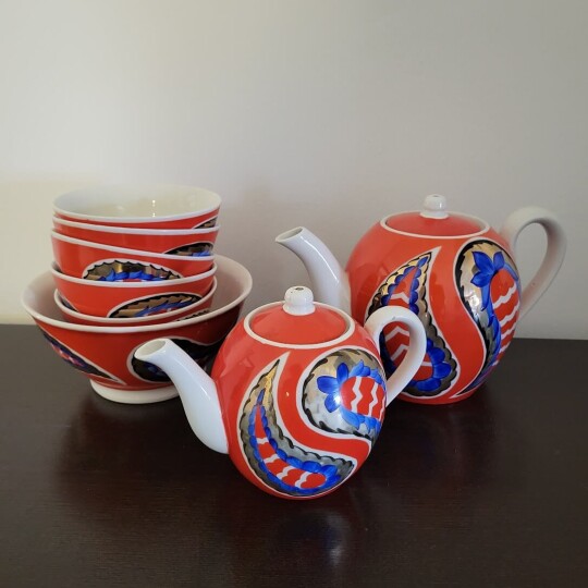 Image of TEAPOT Porcelain Hand painted set in Ukrainian USSR Vintage painting