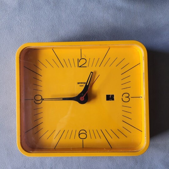 Image of Space age retro yellow wall clock, Gorenje, Yugoslavia
