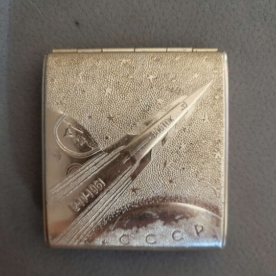 Image of USSR Soviet aluminium cigarette case "Yuri Gagarin - Vostok 1 April 12/1961