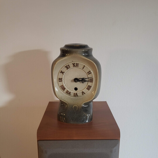 Image of Mirostowice Blue-Grey Ceramic Wind-Up Clock With Key Untested Vintage Polish