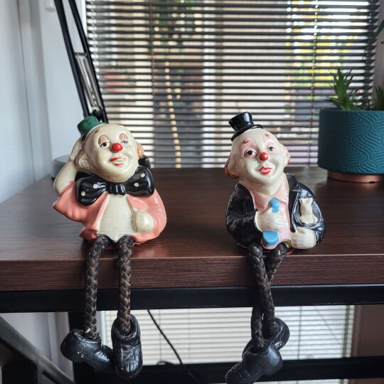 Image of Rare vintage clown ceramic hanging on shelf figurines, set of two