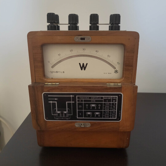 Image of Vintage Wattmeter and Ammeter with wooden box, from Iskra
