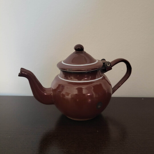 Image of Vintage small brown enamel teapot with white lines