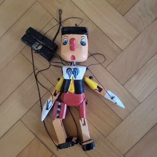 Image of Pinocchio Wooden Puppet Marionette on Strings Vintage two toys