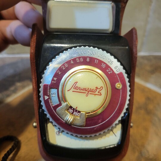 Image of Vintage Soviet light exposure meter Leningrad-2, 1960s, Camera light meter with leather case