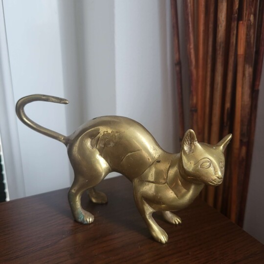 Image of Antique Cat Art Deco Decorative Arts Figural House Cat Solid Polished Brass