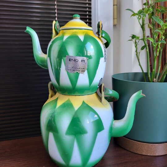 Image of Vintage enamel teapot set, made in Yugoslavia by Emo Celje