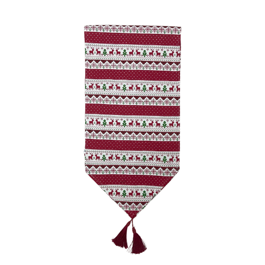 Image of Новогодишен ленен ранер Црвени ирваси